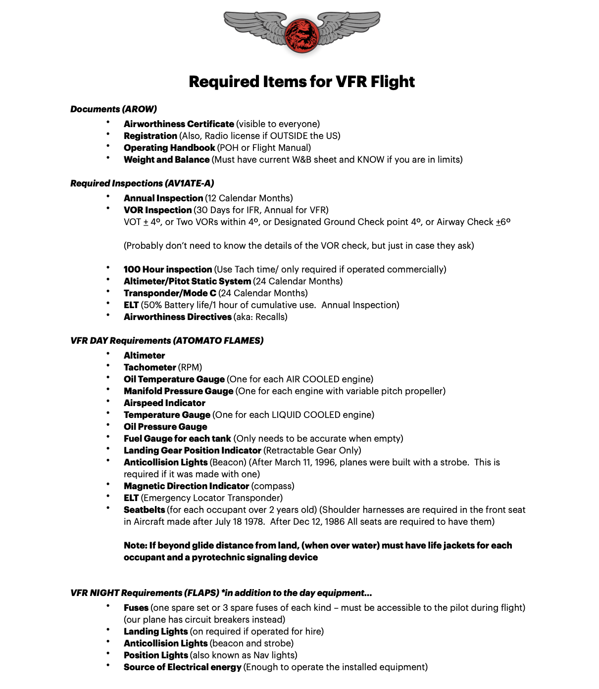 Required Items for VFR Flight (Cheat Sheet)
