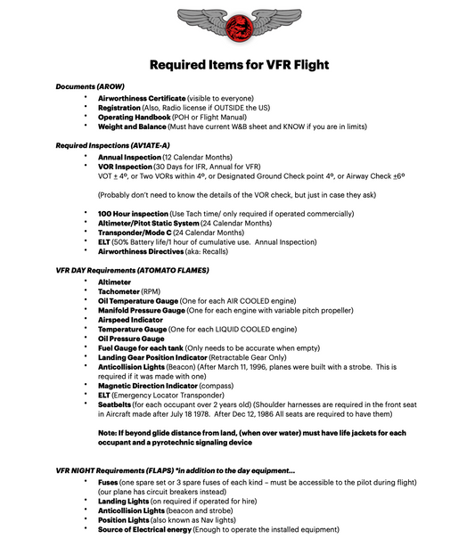 Required Items for VFR Flight (Cheat Sheet)